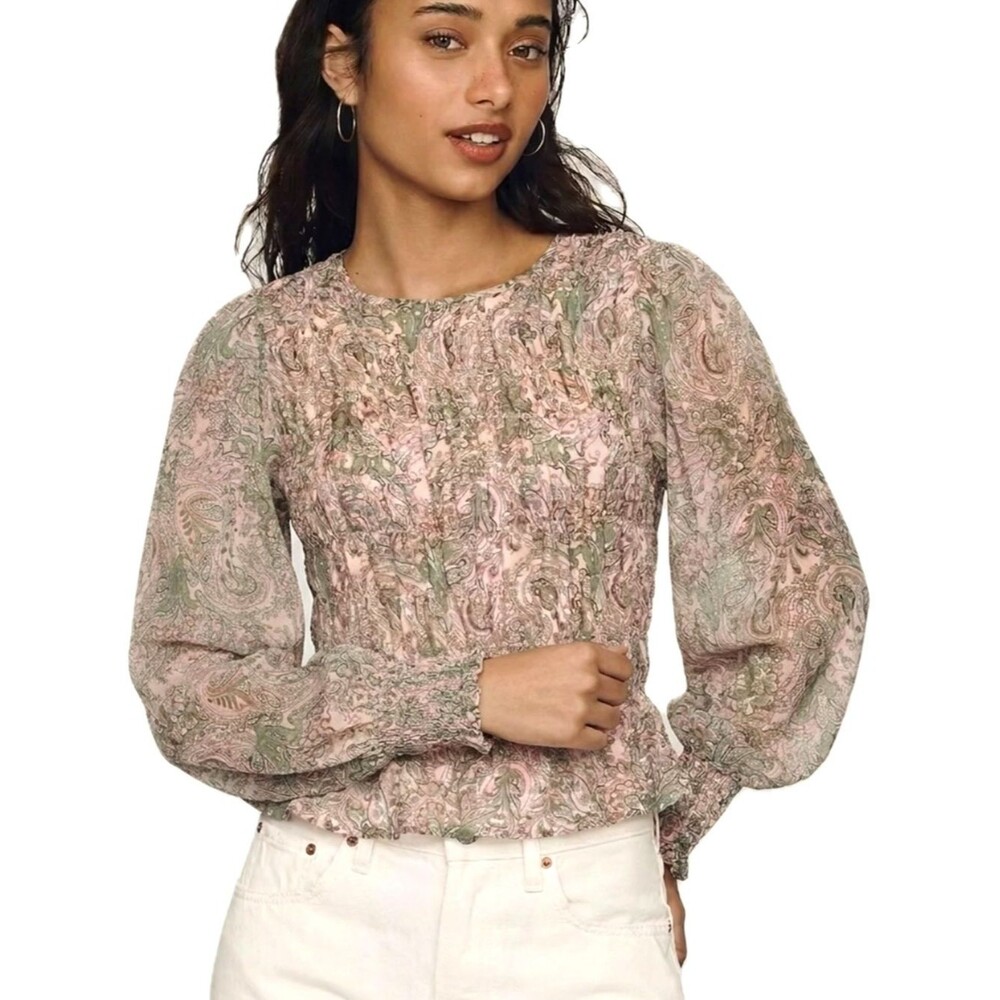 Sanctuary Paisley Ruched Blouse Womens Size M Pink Smocked Long Balloon Sleeve